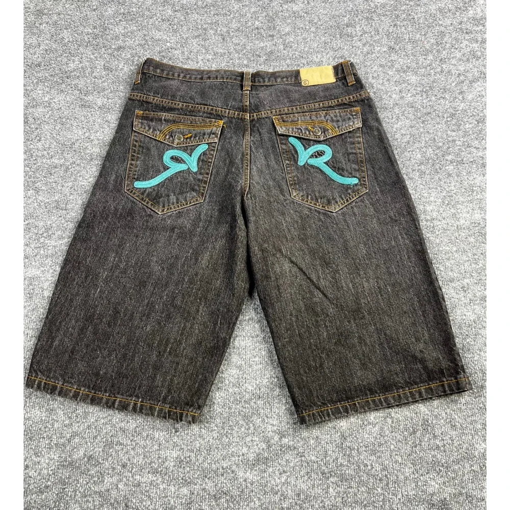 Rocawear Mens Black Denim Baggy Shorts Y2K Embroidered Logo Relaxed Fit 36